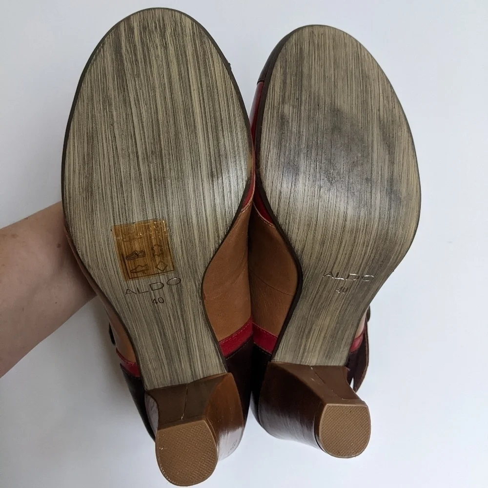 𝅺ALDO Brown Multi Block Heel Mary Janes Leather 40